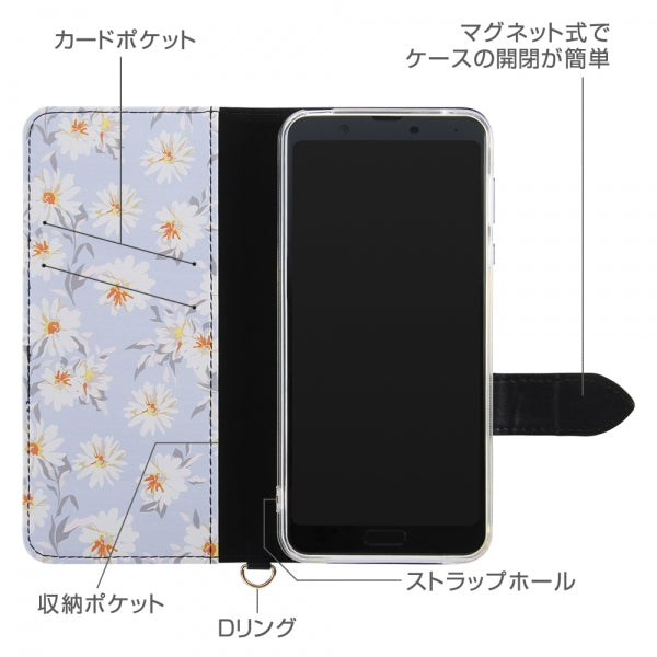 手帳型レザーケース 花柄 ハンドストラップ付