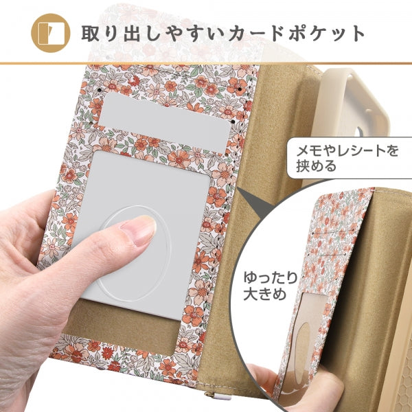 耐衝撃 手帳型ケース クリアポケット ハンドストラップ ルーペ付 花柄