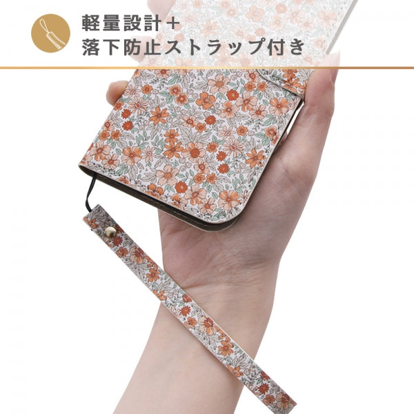 耐衝撃 手帳型レザーケース 花柄 ストラップ付